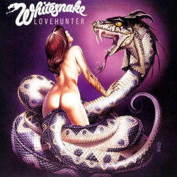 Size: 1000x1000 | Tagged: suggestive, artist:chris achilleos, official art, human, mammal, reptile, snake, feral, whitesnake, 1979, 20th century, album art, amber eyes, ambiguous gender, breasts, brown hair, butt, coiling, cover art, fangs, female, forked tongue, gradient background, hair, horns, jewelry, long tail, long tongue, open mouth, purple scales, rear view, rearboob, scales, sharp teeth, size difference, skin, slit pupils, snake tail, tail, tan body, tan skin, teeth, tongue, tongue out, traditional art