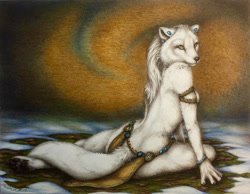 Size: 1224x951 | Tagged: suggestive, artist:teiirka, arctic fox, canine, fox, mammal, anthro, 2016, 2d, arm fluff, artistic nudity, back fluff, breast fluff, butt fluff, cheek fluff, cute, detailed background, ears, female, fluff, fur, head fluff, hip fluff, irl, long tail, nudity, partial nudity, pencil drawing, photo, photographed artwork, pose, primitive markings, reclining, shoulder fluff, signature, solo, solo female, tail, tail fluff, thigh fluff, thighs, traditional art, vixen, white body, white fur