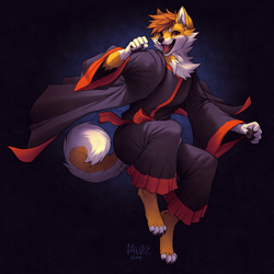 Size: 750x750 | Tagged: safe, artist:falvie, canine, mammal, anthro, cape, clothes, ears, fur, hair, male, open mouth, orange body, orange fur, paws, simple background, solo, solo male, tail