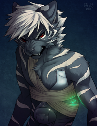 Size: 600x776 | Tagged: safe, artist:falvie, big cat, feline, mammal, tiger, anthro, 2014, armor, bandage, black body, black fur, bust, fur, gray hair, hair, looking at you, male, portrait, red eyes, simple background, solo, solo male, striped fur