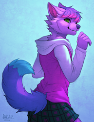 Size: 600x776 | Tagged: safe, artist:falvie, canine, dog, mammal, anthro, 2014, ambiguous gender, clothes, digital art, ears, fur, green eyes, hair, hoodie, kilt, purple body, purple fur, purple hair, simple background, solo, solo ambiguous, tail, topwear