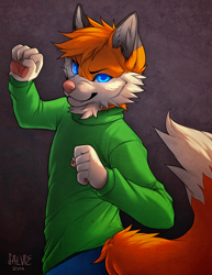 Size: 600x776 | Tagged: safe, artist:falvie, canine, fox, mammal, anthro, 2014, ambiguous gender, blue eyes, bottomwear, clothes, ears, fur, long sleeves, orange body, orange fur, pants, simple background, solo, solo ambiguous, sweater, tail, topwear