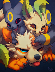 Size: 600x776 | Tagged: safe, artist:falvie, arcanine, canine, eeveelution, fictional species, leafeon, mammal, umbreon, feral, nintendo, pokémon, bust, group, paw pads, paws, portrait, simple background, trio, underpaw
