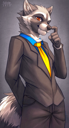 Size: 450x825 | Tagged: safe, artist:falvie, mammal, procyonid, raccoon, anthro, bottomwear, clothes, male, necktie, pants, simple background, solo, solo male, suit