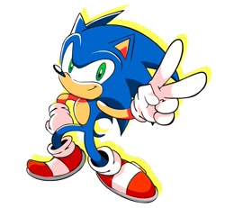 Size: 1280x1182 | Tagged: safe, artist:nkognz, sonic the hedgehog (sonic), hedgehog, mammal, anthro, sega, sonic the hedgehog (series), 2020, gesture, green eyes, male, peace sign, quills, solo, solo male
