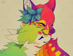 Size: 900x695 | Tagged: safe, artist:falvie, oc, oc:falvie, canine, dog, fionbri, mammal, feral, 2013, abstract background, beanbrows, bust, cuddling, duo, ears laid back, eyes closed, fangs, fluff, fur, green body, green fur, hug, nuzzling, portrait, sharp teeth, simple background, smiling, tan background, teeth