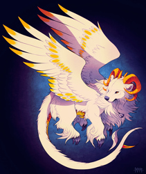Size: 900x1064 | Tagged: safe, artist:falvie, dragon, fictional species, furred dragon, feral, ambiguous gender, feathered wings, feathers, horns, simple background, solo, solo ambiguous, wings