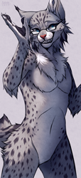 Size: 500x1100 | Tagged: safe, artist:falvie, feline, lynx, mammal, anthro, 2013, blue eyes, claws, ear tuft, featureless chest, featureless crotch, fluff, fur, glasses, gray body, gray fur, grin, male, neck fluff, nippleless, nudity, paw pads, paws, raised eyebrows, short tail, simple background, solo, solo male, spotted fur, tail