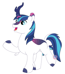 Size: 1713x1935 | Tagged: safe, artist:lovinglypromise, shining armor (mlp), equine, fictional species, kirin, mammal, feral, friendship is magic, hasbro, my little pony, 2020, happy, horn, kirin-ified, male, one hoof raised, open mouth, simple background, solo, solo male, species swap, tail, transparent background, vector