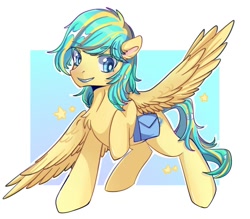 Size: 857x750 | Tagged: safe, artist:xuanmaru, oc, oc only, oc:lemonade candy, equine, fictional species, mammal, pegasus, pony, feral, friendship is magic, hasbro, my little pony, 2020, chest fluff, ear fluff, feathered wings, feathers, female, fluff, hooves, mare, raised hoof, saddle bag, smiling, solo, solo female, spread wings, tail, wings