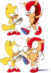 Size: 1024x1463 | Tagged: safe, artist:blehmaster7, mighty the armadillo (sonic), ray the flying squirrel (sonic), armadillo, flying squirrel, mammal, rodent, squirrel, anthro, sega, sonic the hedgehog (series), 2020, classic mighty, classic ray, duo, duo male, flashlight, grin, holding, holding object, male, males only, question mark, simple background, teeth, tongue, transparent background