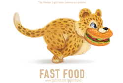 Size: 900x607 | Tagged: safe, artist:cryptid-creations, cheetah, feline, mammal, feral, hamburger, holding, meat, mouth hold, pun, solo, visual pun