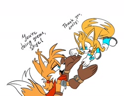Size: 1280x998 | Tagged: safe, artist:melodyclerenes, miles "tails" prower (sonic), skye prower (sonic), canine, fox, mammal, red fox, anthro, archie sonic the hedgehog, sega, sonic the hedgehog (series), 2020, dipstick tail, duo, duo male, encouraging, fluff, heartwarming, male, males only, multiple tails, orange tail, tail, tail fluff, two tails, white tail