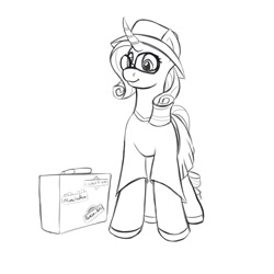 Size: 2000x2000 | Tagged: safe, artist:redquoz, rarity (mlp), equine, fictional species, mammal, pony, unicorn, semi-anthro, friendship is magic, hasbro, my little pony, clothes, curled hair, dress, female, glasses, hair, hat, high res, looking at something, outfit, sketch, solo, solo female, suitcase