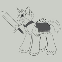 Size: 2000x2000 | Tagged: safe, artist:redquoz, big macintosh (mlp), equine, mammal, semi-anthro, friendship is magic, hasbro, my little pony, barding, clothes, costume, helmet, high res, male, sir mcbiggin, sketch, solo, solo male, stallion, sword, weapon