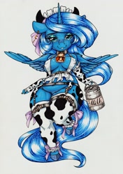 Size: 2406x3427 | Tagged: suggestive, artist:longinius, princess luna (mlp), alicorn, equine, fictional species, mammal, pony, anthro, friendship is magic, hasbro, my little pony, anthrofied, breasts, chibi, clothes, cow print, female, high res, lingerie, milk, nipple outline, solo, solo female, underwear