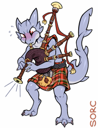 Size: 693x900 | Tagged: safe, artist:sorc, fictional species, kobold, reptile, anthro, digitigrade anthro, bagpipes, blushing, fins, fish tail, kilt, male, plaid, playing musical instrument, shark tail, simple background, solo, solo male, sporran, sweat, tail, white background