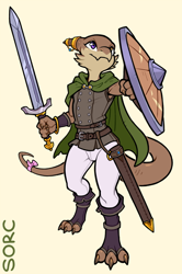 Size: 598x900 | Tagged: safe, artist:sorc, fictional species, kobold, reptile, anthro, digitigrade anthro, boots, bow, cape, cloak, clothes, horn jewelry, scabbard, shield, shoes, simple background, solo, sword, tail, tail bow, weapon, yellow background