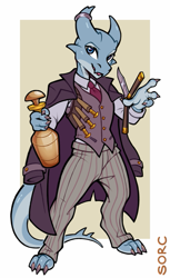 Size: 549x900 | Tagged: safe, artist:sorc, fictional species, kobold, reptile, anthro, digitigrade anthro, bottomwear, butterfly knife, clothes, coat, horn jewelry, knife, looking at you, male, necktie, pants, simple background, solo, solo male, suit, topwear, vest