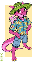 Size: 532x900 | Tagged: safe, artist:sorc, fictional species, kobold, reptile, anthro, digitigrade anthro, aloha shirt, baby, bottomwear, clothes, duo, father, father and child, hat, looking at you, male, shirt, shorts, simple background, topwear, young