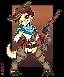 Size: 747x900 | Tagged: safe, artist:sorc, fictional species, kobold, reptile, anthro, digitigrade anthro, bandanna, belt, bottomwear, broken horn, cartridge, chaps, clothes, cowboy hat, female, gun, hat, horn, looking at you, mare's leg, pants, solo, solo female, weapon