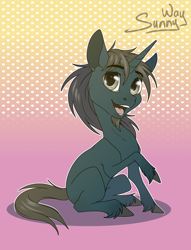 Size: 1000x1308 | Tagged: safe, artist:sunny way, oc, oc only, oc:steven saidon, equine, fictional species, mammal, unicorn, feral, 2019, abstract background, big eyes, blue body, blue fur, chibi, digital art, eyebrow through hair, eyebrows, fur, gray eyes, gray hair, hair, happy, hooves, looking at you, male, open mouth, raised leg, signature, sitting, solo, solo male, stallion, unshorn fetlocks