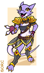 Size: 579x960 | Tagged: safe, artist:sorc, fictional species, kobold, reptile, anthro, digitigrade anthro, armor, belt, clothes, female, gloves, looking at you, open mouth, simple background, smiling, solo, solo female
