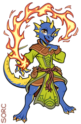 Size: 630x960 | Tagged: safe, artist:sorc, fictional species, kobold, reptile, anthro, digitigrade anthro, clothes, fire, magic, male, robe, simple background, smiling, solo, solo male, white background