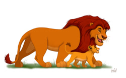 Size: 1280x800 | Tagged: safe, artist:lynxgirl, mufasa (the lion king), simba (the lion king), big cat, feline, lion, mammal, feral, disney, the lion king, 2020, brown hair, colored sclera, digital art, duo, duo male, fangs, father, father and child, father and son, fur, grass, hair, leonine tail, looking at each other, looking down, looking up, male, males only, open mouth, orange body, orange fur, sharp teeth, side view, signature, son, tail, teeth, tongue, walking, whiskers, yellow body, yellow fur, yellow sclera, young