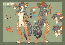 Size: 1280x881 | Tagged: safe, artist:magenta7, oc, oc only, oc:fhyra (fhyrrain), black-backed jackal, canine, jackal, mammal, anthro, digitigrade anthro, 2020, breasts, character name, cheek fluff, claws, color palette, colored pupils, cream body, cream fur, crown, digital art, disembodied foot, ear fluff, featureless breasts, featureless crotch, female, fluff, front view, fur, gray body, gray fur, gray hair, hair, heterochromia, jewelry, neck fluff, one eye closed, open mouth, orange body, orange fur, paw pads, paws, raised hand, rear view, red eyes, reference sheet, regalia, smiling, solo, solo female, tail, tail fluff, three-quarter view, tongue, underpaw, yellow eyes