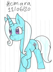Size: 749x999 | Tagged: safe, artist:cmara, trixie (mlp), equine, fictional species, mammal, pony, unicorn, feral, friendship is magic, hasbro, my little pony, female, hooves, mare, raised hoof, simple background, solo, solo female, traditional art, white background