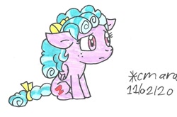 Size: 904x596 | Tagged: safe, artist:cmara, cozy glow (mlp), equine, fictional species, mammal, pegasus, pony, feral, friendship is magic, hasbro, my little pony, bow, female, filly, foal, freckles, hair bow, sad, simple background, solo, solo female, traditional art, white background, young