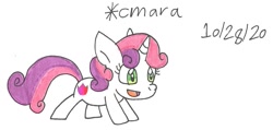 Size: 1130x540 | Tagged: safe, artist:cmara, sweetie belle (mlp), equine, fictional species, mammal, pony, unicorn, feral, friendship is magic, hasbro, my little pony, female, filly, foal, open mouth, simple background, solo, solo female, traditional art, white background, young
