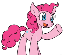 Size: 899x760 | Tagged: safe, artist:cmara, pinkie pie (mlp), earth pony, equine, fictional species, mammal, pony, feral, friendship is magic, hasbro, my little pony, female, hooves, mare, open mouth, raised hoof, simple background, solo, solo female, white background