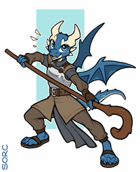 Size: 735x900 | Tagged: safe, artist:sorc, fictional species, kobold, reptile, anthro, plantigrade anthro, armor, belt, blue body, blue eyes, bottomwear, breastplate, cane, claws, clothes, cute, digital art, horns, looking at you, male, pants, sandals, scales, shepherd's staff, shoes, signature, simple background, solo, solo male, staff, standing, tail, wings