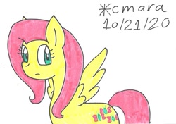 Size: 931x656 | Tagged: safe, artist:cmara, fluttershy (mlp), equine, fictional species, mammal, pegasus, pony, feral, friendship is magic, hasbro, my little pony, female, mare, simple background, solo, solo female, traditional art, white background