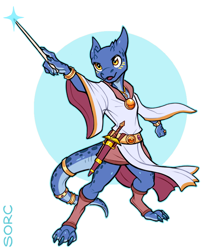 Size: 760x900 | Tagged: safe, artist:sorc, fictional species, kobold, reptile, anthro, digitigrade anthro, boots, bracelet, clothes, jewelry, knife, magic, magic wand, male, necklace, ring, robe, shoes, solo, solo male, tail, tail jewelry, warlock