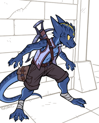 Size: 723x900 | Tagged: safe, artist:sorc, fictional species, kobold, reptile, anthro, digitigrade anthro, bottomwear, clothes, crossbow, male, pants, rogue, solo, solo male, topwear, vest, weapon