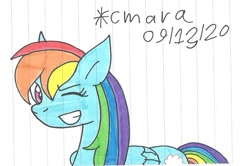 Size: 937x623 | Tagged: safe, artist:cmara, rainbow dash (mlp), equine, fictional species, mammal, pegasus, pony, feral, friendship is magic, hasbro, my little pony, female, grin, mare, one eye closed, simple background, smiling, solo, solo female, traditional art, white background, winking