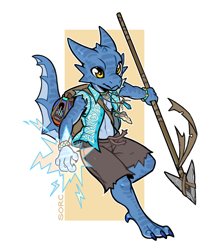 Size: 752x900 | Tagged: safe, artist:sorc, fictional species, kobold, reptile, anthro, digitigrade anthro, backpack, bottomwear, clothes, jewelry, magic, male, necklace, shark tooth necklace, shorts, simple background, solo, solo male, sorcerer, spear, staff, topwear, vest, weapon