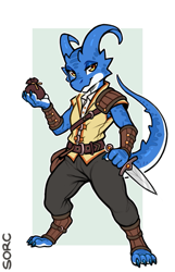 Size: 617x960 | Tagged: safe, artist:sorc, fictional species, kobold, reptile, anthro, digitigrade anthro, belt, boots, bottomwear, clothes, knife, looking at you, male, money bag, pants, rogue, shoes, simple background, solo, solo male, topwear, vest