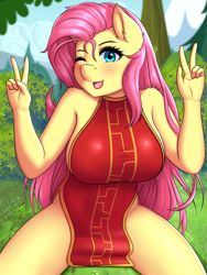Size: 2019x2689 | Tagged: suggestive, alternate version, artist:twistedscarlett60, fluttershy (mlp), equine, fictional species, mammal, pegasus, pony, anthro, friendship is magic, hasbro, my little pony, anthrofied, big breasts, blushing, breasts, cheongsam, clothes, detailed background, digital art, double peace sign, dress, ear fluff, ears, eyelashes, female, fluff, forest, fur, green eyes, hair, high res, looking at you, one eye closed, open mouth, open smile, pink hair, pink tail, shoulder fluff, side slit, smiling, solo, solo female, tail, thighs, tree, wide hips, yellow body, yellow fur