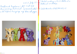 Size: 6990x4930 | Tagged: safe, artist:bastler, artist:moon flower, furbooru exclusive, applejack (mlp), fluttershy (mlp), pinkie pie (mlp), rainbow dash (mlp), rarity (mlp), time turner (mlp), trixie (mlp), twilight sparkle (mlp), oc, oc:comment, oc:downvote, oc:favourite, oc:upvote, oc:viva reverie, alicorn, earth pony, equine, fictional species, mammal, pegasus, pony, unicorn, feral, series:derpibooru's my little pony:friendship is magic 10th anniversary event by moon flower, friendship is magic, hasbro, my little pony, 2020, 4th dimension entertainment, absurd resolution, apple, arrow, art event, balloon, baseball cap, bed, blue eyes, blue hair, bow, bracelet, brown body, brown fur, brown hair, cap, cape, clothes, collar, coloured pencil drawing, cowboy hat, cutie mark, derpibooru, derpibooru's my little pony: friendship is magic 10th anniversary art event, diamond, english, english text, feathered wings, feathers, female, floppy ears, folded wings, food, front view, fruit, fur, gem, green body, green eyes, green fur, green hair, group photo, hair, hair bow, hairpin, handwriting, hat, hooves, horn, hourglass, indoors, irl, jewelry, lidded eyes, logo, looking at each other, looking at you, looking away, lying down, lying on bed, male, mane, mare, mattress, meta, mixed media, moon flower logo, necktie, on side, orange body, orange fur, orange hair, pencil drawing, photo, photographed artwork, pink body, pink eyes, pink fur, pink hair, plus sign, plushie, ponified, purple body, purple eyes, purple fur, purple hair, rainbow, rainbow hair, red body, red eyes, red fur, red hair, side view, simple background, smiling, speech bubble, spread wings, stallion, standing, star, tag, tail, text, timeline, traditional art, wall of tags, white background, white hair, wings, wizard hat, yellow body, yellow fur, yellow hair
