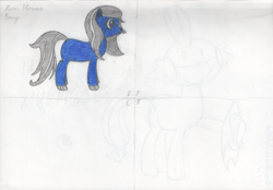 Size: 1637x1141 | Tagged: safe, artist:moon flower, oc, oc only, oc:moon flower, equine, mammal, pony, feral, friendship is magic, hasbro, my little pony, 2018, ambiguous gender, blue body, blue eyes, blue fur, colored, coloured pencil drawing, english, english text, fur, gray hair, hair, handwriting, hooves, mane, pencil drawing, reference sheet, side view, simple background, solo, solo ambiguous, tail, text, traditional art, white background, work in progress