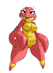 Size: 410x561 | Tagged: safe, artist:winstar, clawgrip (mario), lobster, anthro, mario (series), nintendo, breasts, fangs, featureless breasts, featureless crotch, female, lidded eyes, looking at you, low res, nudity, pincers, rule 63, sharp teeth, simple background, smiling, solo, solo female, teeth, thick thighs, thighs, white background