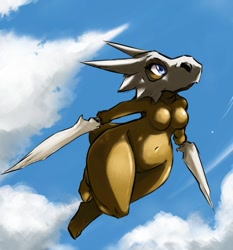 Size: 555x596 | Tagged: safe, artist:winstar, cubone, fictional species, mammal, anthro, nintendo, pokémon, belly button, blue eyes, bone, breasts, cloud, featureless breasts, female, holding object, nudity, skull, sky, solo, solo female, sword, thick thighs, thighs, weapon, wide hips