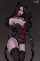 Size: 1365x2048 | Tagged: suggestive, artist:eniaart, oc, oc only, animal humanoid, cat, feline, fictional species, mammal, humanoid, animal ears, bell, black hair, breasts, cleavage, clothes, collar, corset, evening gloves, female, gloves, hair, legwear, lingerie, long gloves, long hair, looking at you, mole (marking), orange eyes, simple background, smiling, solo, solo female, standing, tail, thigh highs, underwear