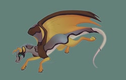 Size: 1280x817 | Tagged: safe, artist:phlowir, oc, oc only, dragon, fictional species, feral, ambiguous gender, flying, horns, simple background, solo, solo ambiguous, tail, wings
