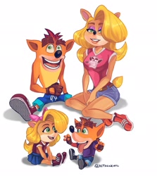 Size: 1824x2048 | Tagged: safe, artist:nitroneato, crash bandicoot (crash bandicoot), tawna bandicoot (crash bandicoot), bandicoot, mammal, marsupial, anthro, plantigrade anthro, crash bandicoot (series), bottomwear, children, clothes, crashtawna (crash bandicoot), family, female, green eyes, lidded eyes, looking at you, male, male/female, offspring, parent:crash bandicoot (crash bandicoot), parent:tawna bandicoot (crash bandicoot), shipping, shirt, shorts, simple background, skirt, smiling, sneakers, tongue, tongue out, topwear, white background, young