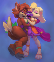 Size: 1333x1528 | Tagged: suggestive, artist:gumdrops, bianca (spyro), elora (spyro), spyro the dragon (spyro), dragon, faun, fictional species, lagomorph, mammal, rabbit, anthro, feral, unguligrade anthro, spyro the dragon (series), bottomwear, bracelet, breast squish, breasts, butt, cleavage, clothes, cloven hooves, dress, eyes closed, eyeshadow, female, group, happy, hooves, horns, hug, jewelry, looking up, makeup, male, open mouth, shoes, skirt, smiling, tail, tongue, tongue out, trio, upskirt